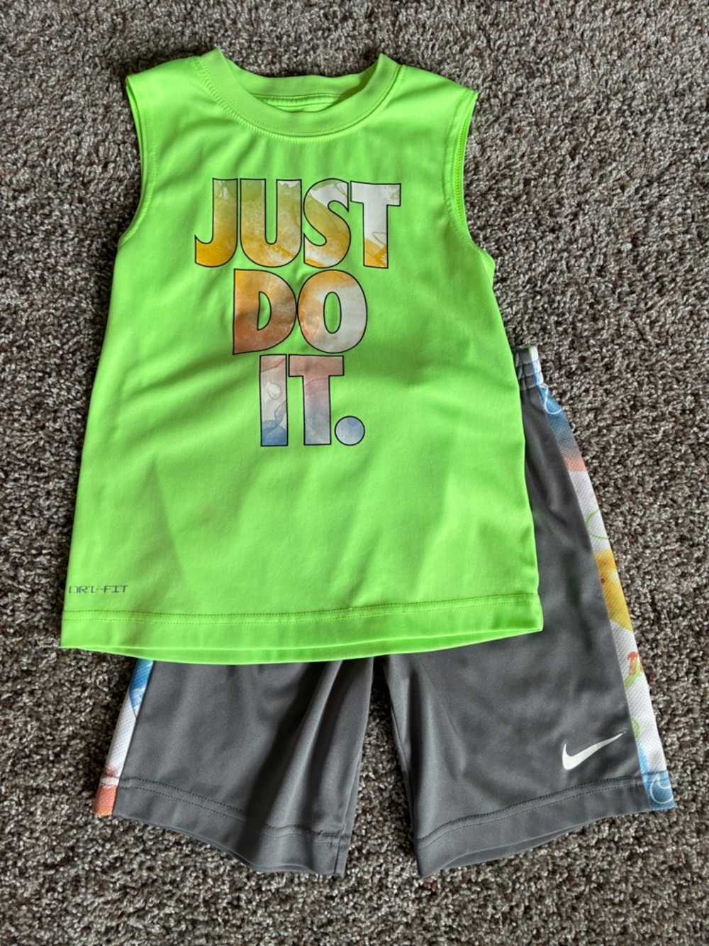 Nike Kids Neon Green 'Just Do It' Tank Top with Gray Dri-FIT Shorts
